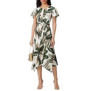 Great Jones Cream Green Tropical Leaf Print Tie Waist Midi Dress Size 8